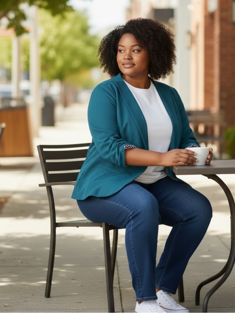 Skies Are Blue Open-Front Teal Blazer with Patterned Lining